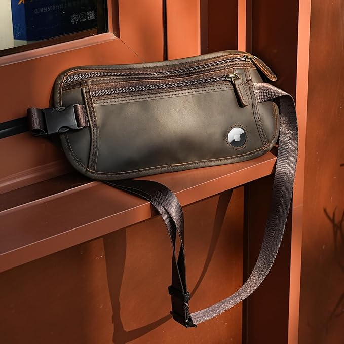 Polare Full Grain Leather Money Belt Hidden Passport Holder Wallet Travel Pouch with AirTag Slot Slim RFID Blocking Undercover Waist Bag