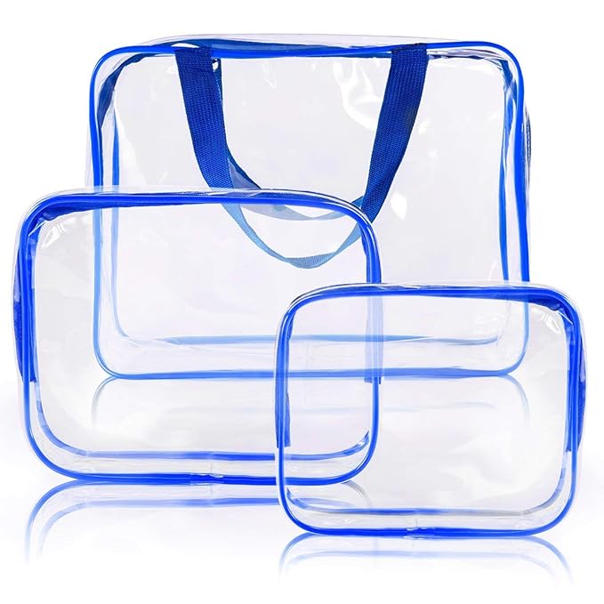 5Pcs Crystal Clear PVC Travel Toiletry Bag Kit for Women Men, Waterproof Vinyl Packing Organizer Storage Bags with Zipper Handle Straps, Cosmetic Pouch Carry on Airport Airline Compliant Bag Handbag