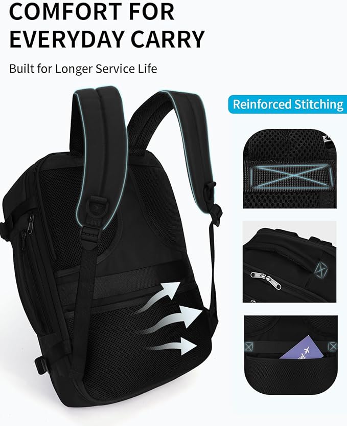 ECOHUB 17" Small Unisex Travel Backpack United Airline Approved 17x10x9 Friendly Suitcase Anti-Theft Lockable Zippers Style Personal Item Bag Travel Essentials with 12 Pockets Water Resistant, Black