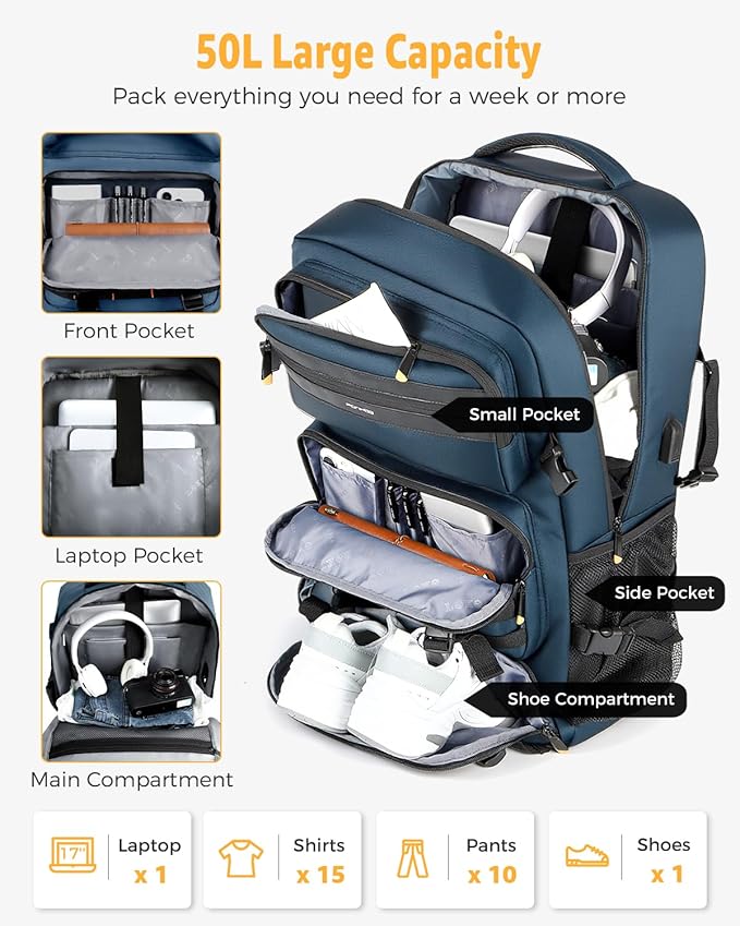Ponhog Travel Backpack for Men, 50L Carry On Flight Approved Convertible Duffle Bag with Shoe Compartment, 17 inch Laptop Luggage with USB Charging Port for Weekender Hiking, Blue