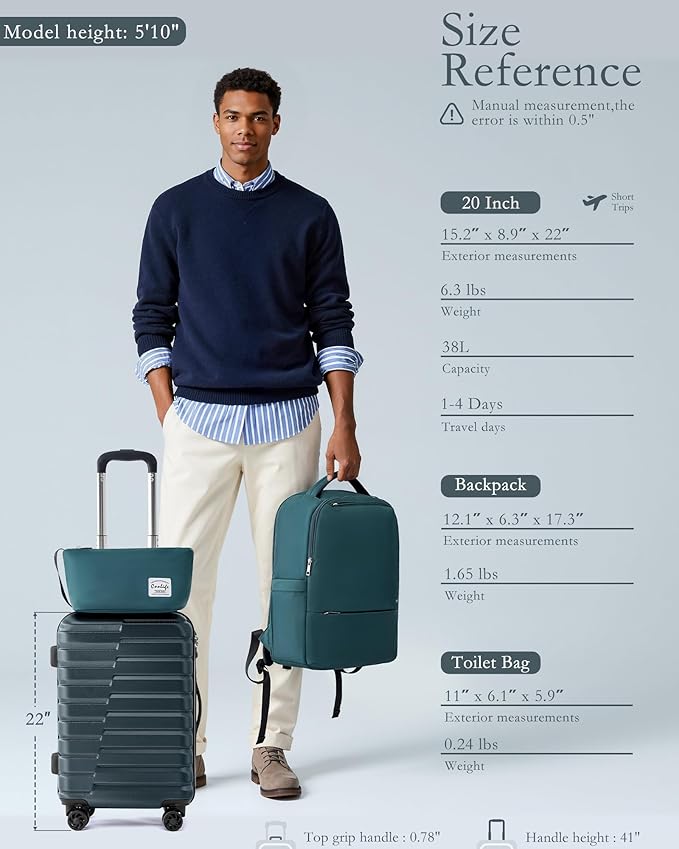 Coolife Luggage Sets 3 Piece, 20In Carry On Luggage with Spinner Wheels PC Hardside Suitcase Set with Travel Backpack (Teal blue, Backpack/TB/20)