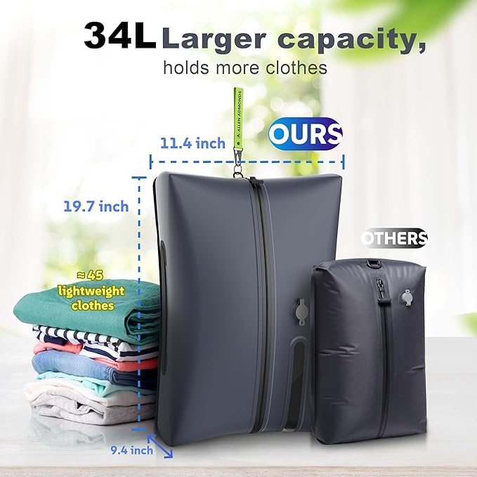 Vacuum Bags for Travel with Electric Pump,34L Waterproof Compression Bags for Carry On Suitcases and Backpack for Air Travel Vacation Camping Boating Outdoor Sports 1 Pack