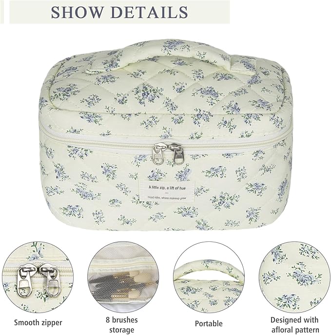 Large Travel Quilted Makeup Bag for Women,Big Floral Cotton Cosmetic Bag, Cute Coquette Aesthetic Floral Toiletry Organizer Bag (Blue Flower)