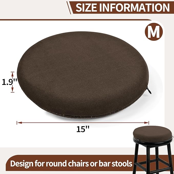 BUYUE Memory Foam Seat Cushion, Dia 15" Soft Velvet Round Stool Cushion Anti-Slip Chair Pads, M, Brown