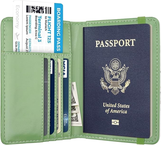 Passport Holder Cover Travel RFID Blocking Passport Cover Cute Flowers Passport Wallet with Elastic Band for Women, Green Plants