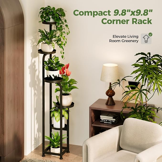 Bamworld Tall Plant Stand Indoor Outdoor Corner Metal Flower Pot Stands | 5 Tier Black Heavy Duty Plant Shelf for Multiple Plants Plant Table for Patio Garden Balcony Living Room Bedroom