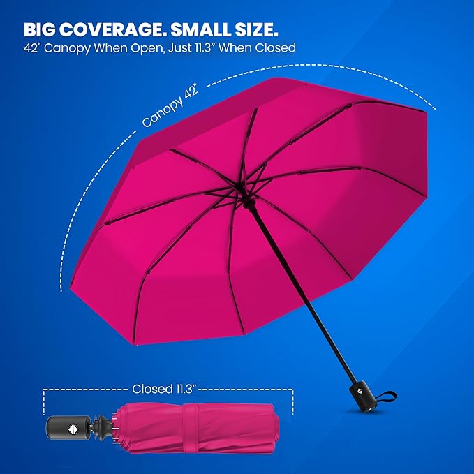 Rain-Mate Windproof Compact Umbrellas for Rain - Strong Reinforced Fiberglass Rib Design & Auto Open & Close - Portable Folding Travel Umbrella - Lightweight & Packable for Women & Men, Easy Collapse