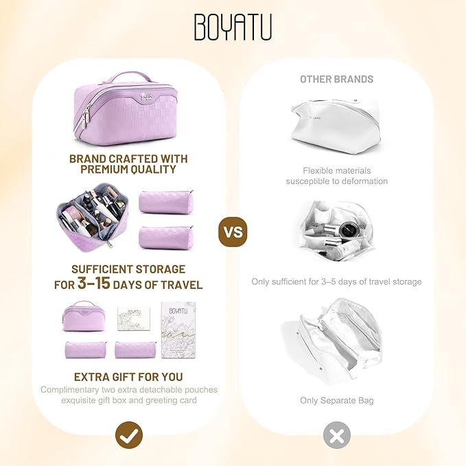 BOYATU Travel Makeup Bag Organizer: 3 Pcs Set Large Capacity Cosmetic Bags Holds 10–20 100ml Full-Size Bottles - 180°Open-Flat Make up Case 3-sec touch-up - Toiletry Bag Gift women (01-F-Purple)