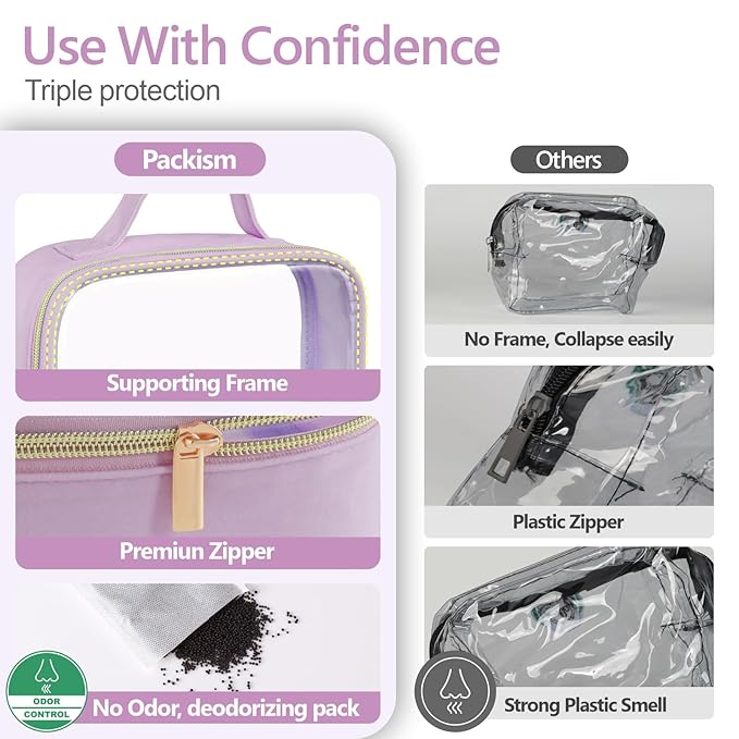 PACKISM Clear Makeup Bag Combo Pack, 1 TSA Approved Medium & Large for Checked Luggage, Clear Toiletry Bag with Handle, Water-resistant Travel Essentials Organizer, Purple