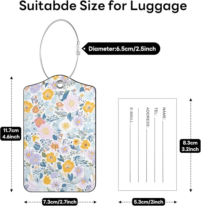 2 Pack PU Leather Luggage Tags for Suitcases, Privacy Protection Cover with Stainless Steel Loop and Address Card, Travel Cruise Essentials (Yellow Pink Flower)