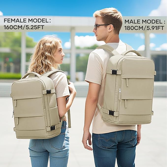 coowoz Large Travel Backpack For Women Men,Carry On Backpack Flight Approved,Hiking Backpack Waterproof Outdoor Rucksack Casual Daypack Fit 15.6 Inch Laptop Shoes Compartment (Khaki-L)