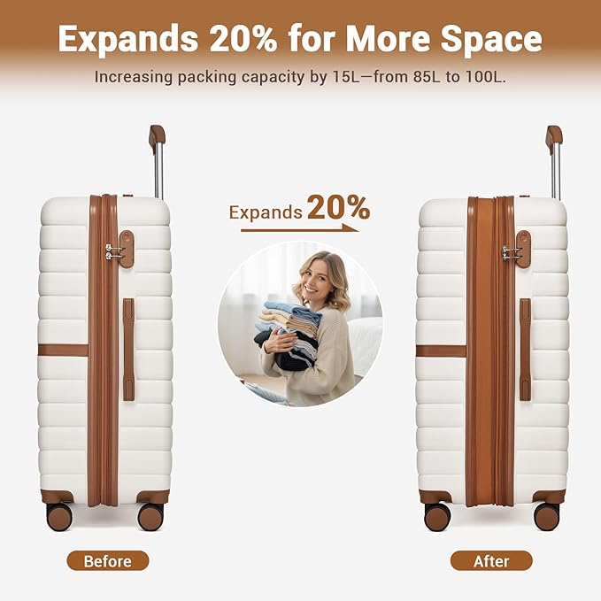 Kono Expandable 28 Inch Luggage with Spinner Wheels, Large Checked Luggage with Lock, Lightweight & Anti-Scratch PC+ABS Hardshell Travel Suitcase, White/Brown