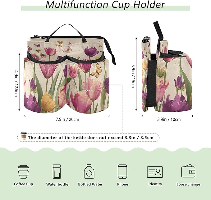 Luggage Cup Holder for Suitcases Free Hands Travel Cup Holder Portable Suitcase Cup Drink Holder Luggage Cup Caddy Bag Carrier Vintage Beige Spring Tulips Butterflies