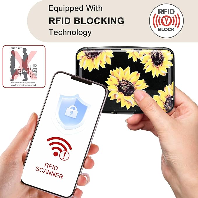 ELFISH Mini RFID Aluminum Wallet Credit Cards Holder Business Card Case Metal ID Case for Men Women (Yellow sunflower)