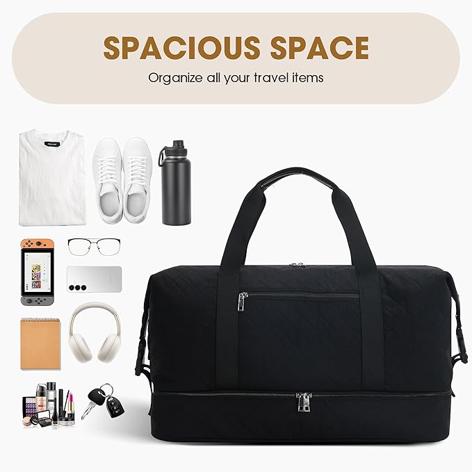 Oeihuivt Weekender Bags for Women - 21 Inch Large Travel Duffel Bag 2-Piece Set with Shoe Compartment, Heavy-Duty Canvas Leather Carry On Overnight Tote