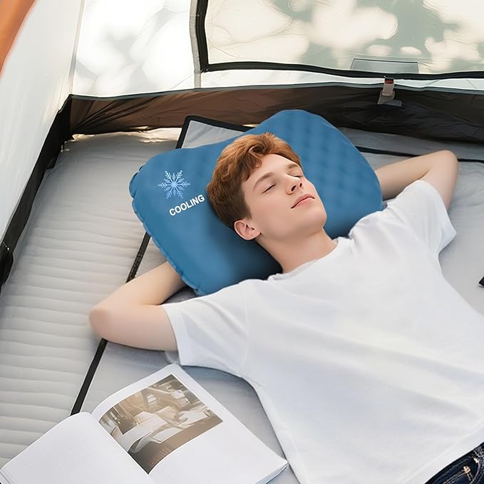 Camping Pillow with Ice Silk Memory Foam Cover - Ultralight Inflatable Pillow for Camping Lightweight, Ergonomic and Washable for Camping, Hiking, and Travel Blue