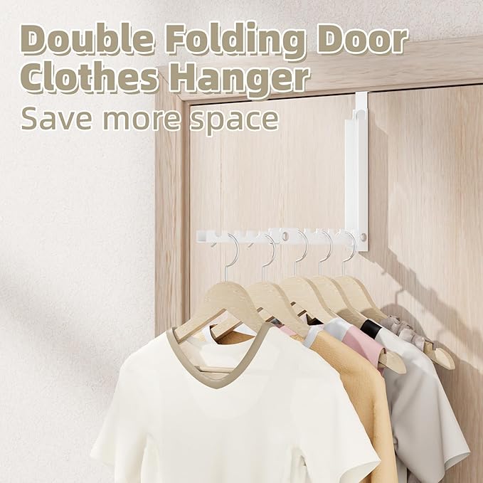 BAKON Over The Door Hanger Folding Clothes Drying Rack, Double Fold Hanging Door Hooks Coat Rack for Indoor Laundry Room Compact Small Space Foldable Portable Clothing Hanger Hook Collapsible- 2 Pack