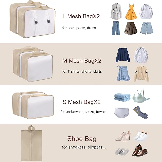 Packing Cubes, 7 Pcs Travel Packing Organizers for Suitcases, Large Capacity Travel Luggage Organizer Set includes 7 Storage Bags, Travel Essentials for Women or Men (Beige)