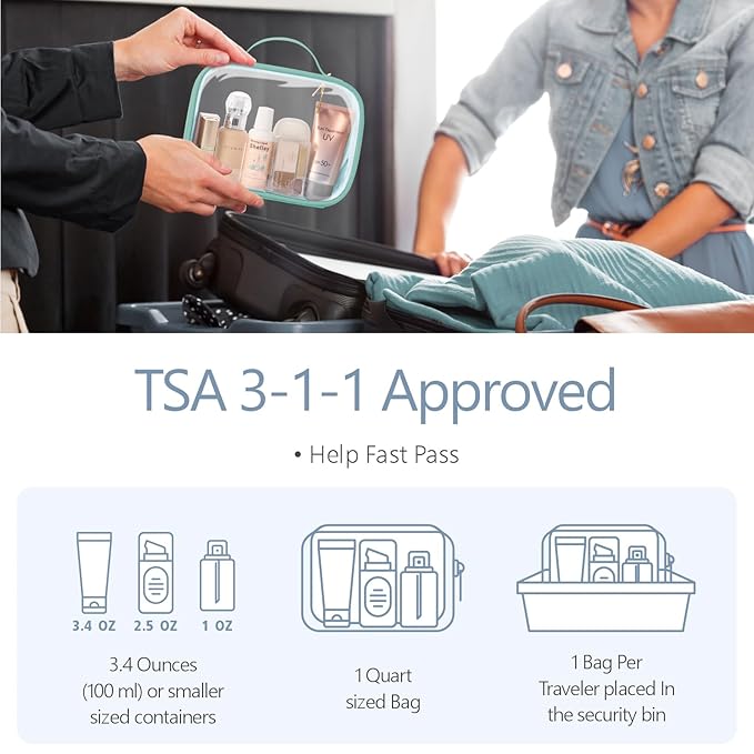 PACKISM Clear Makeup Bag Combo Pack, 1 TSA Approved Medium & Large for Checked Luggage, Clear Toiletry Bag with Handle, Water-resistant Travel Essentials Organizer, Turquoise Green