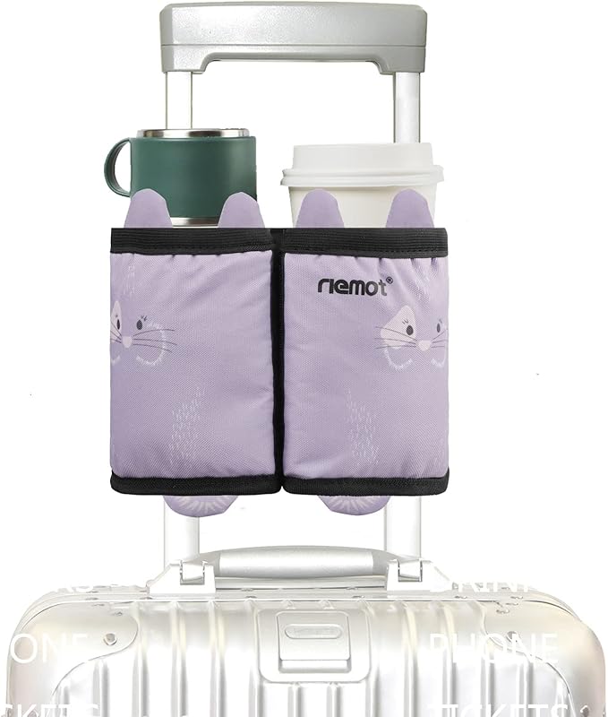 riemot Luggage Travel Cup Holder Free Hand Drink Carrier - Hold Two Coffee Mugs - Fits Roll on Suitcase Handles - Gifts for Flight Attendants Travelers Accessories Cute Rabbit Purple