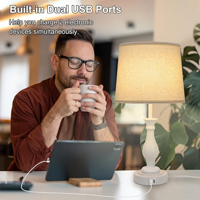 LALISU Farmhouse Table Lamp Touch Control 3-Way Dimmable Table Lamp, Modern Nightstand Lamp with 2 USB Port Bedside Desk Lamp with Fabric Shade for Living Room Bedroom Hotel (Pack 1-Off White)