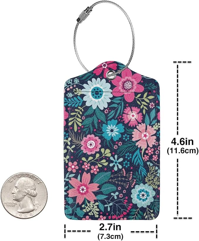 2 Pack Flower Pink Floral Luggage Tags Travel PU Cute Leather Luggage Tag Name ID Labels with Privacy Cover Suitcases Women Men Girls Boys Fun Laggage Tags (Beautiful Flower)