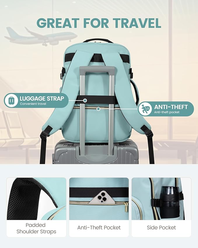 LOVEVOOK Travel Backpack for Women & Men 40L,Airline Approved Carry On Backpack Travel Essentials,TSA Carry on Luggage,Waterproof Personal Item Travel Bag,Suitcase with 3 Packing Cube,Mint green-Black