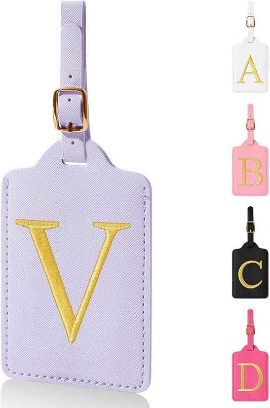Personalized Initial Luggage Tags for Suitcases,Leather Letter Cute Luggage Tags with Privacy Name Card,Embroidered Monogrammed Travel Bag Backpack Tag Gifts for Women Kids Girls Teens(Purple-V)