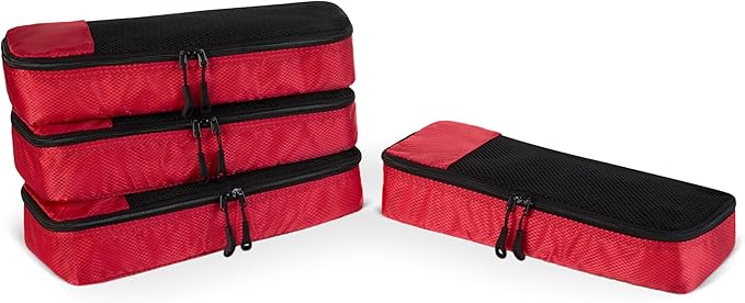 Amazon Essentials 4-Piece Space-Saving Packing Cubes Travel Accessories Set, Luggage Organizer with Double Zipper, Mesh Top, Polyester, Slim, Red (Previously Amazon Basics)