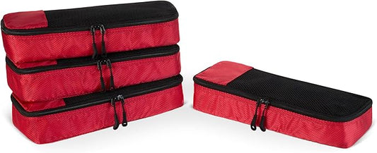 Amazon Essentials 4-Piece Space-Saving Packing Cubes Travel Accessories Set, Luggage Organizer with Double Zipper, Mesh Top, Polyester, Slim, Red (Previously Amazon Basics)