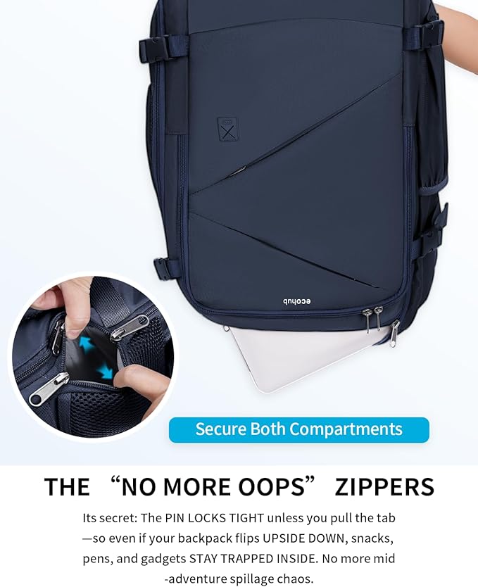 ECOHUB 17" Small Unisex Travel Backpack United Airlines Approved 17x10x9 Friendly Suitcase Anti-Theft Lockable Zippers Style Personal Item Bag Travel Essentials with 12 Pockets Water Resistant, Blue