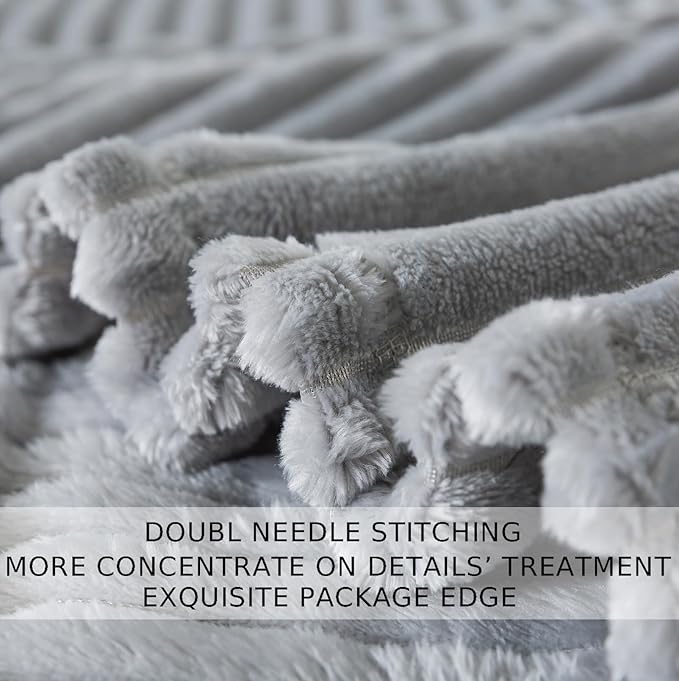 Queen Size Cuddly Fluffy Fleece Blanket, Warm and Soft with Striped Pattern, 90x90 Inches, Ash Grey