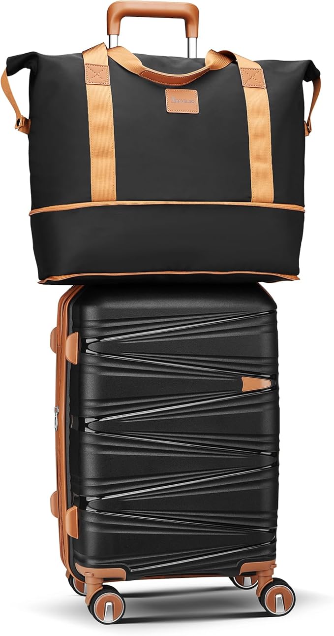 4 Piece Carry On Luggage Set 20 Inch, Expandable PP Hardshell Suitcase with Detachable Spinner Wheels & TSA Lock, Includes Cosmetic Case, Travel Tote & Toiletry Bag, Lightweight (Black)