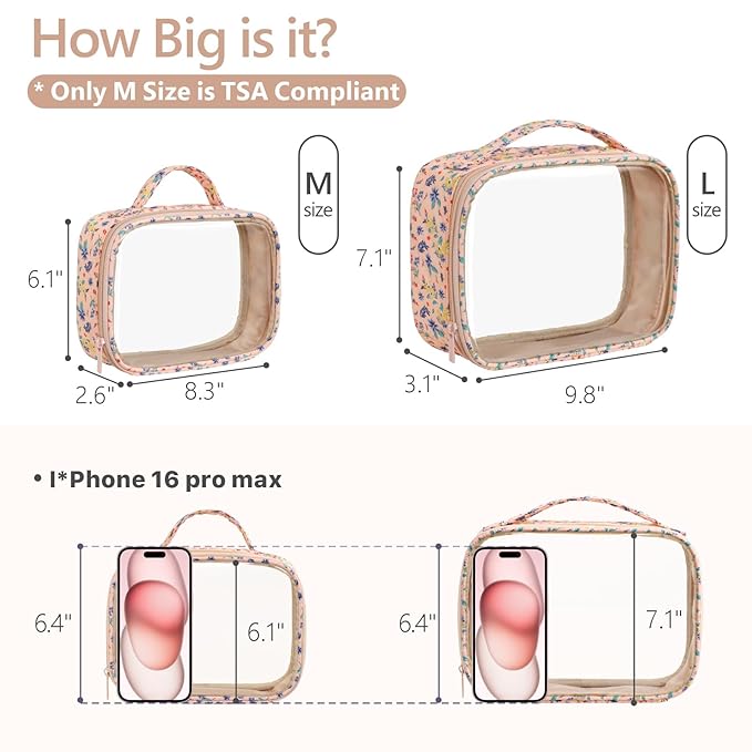 PACKISM Stylish TSA Approved Toiletry Bag Set, Floral, Clear Makeup Bag with Handle, 1 TSA Medium & 1 Large for Travel, Gift for Women, Nude Pink Ditsy Floral