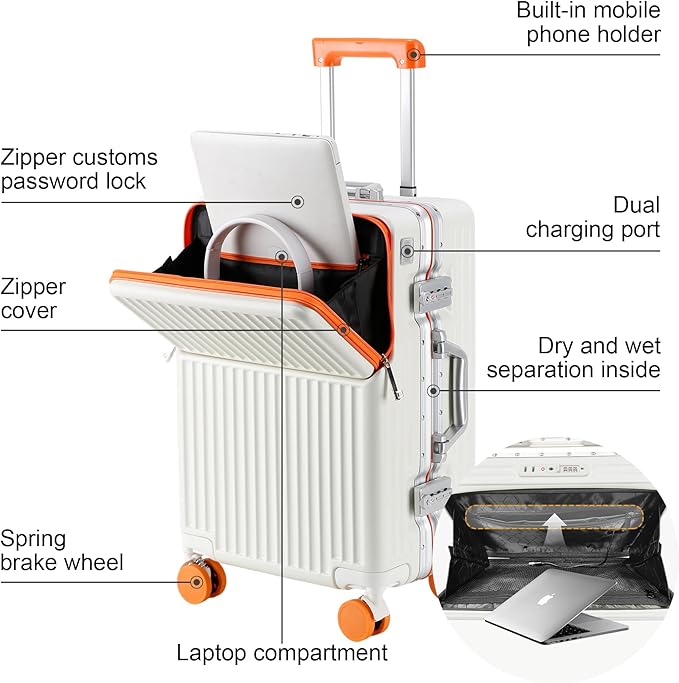 Carry on suitcase Zipperless Luggage,Polycarbonate Aluminum Hard Shell, Expandable Carry-On Suitcase with Spinner Wheels (orange, 20 inch)