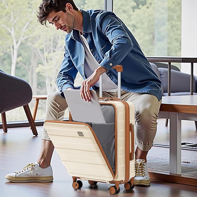imiomo Carry on Luggage Airline Approved with Front Pocket and USB Port, Hard Shell 20 Inch Travel Carry-on Suitcase with Spinner Wheels and TSA Lock, White