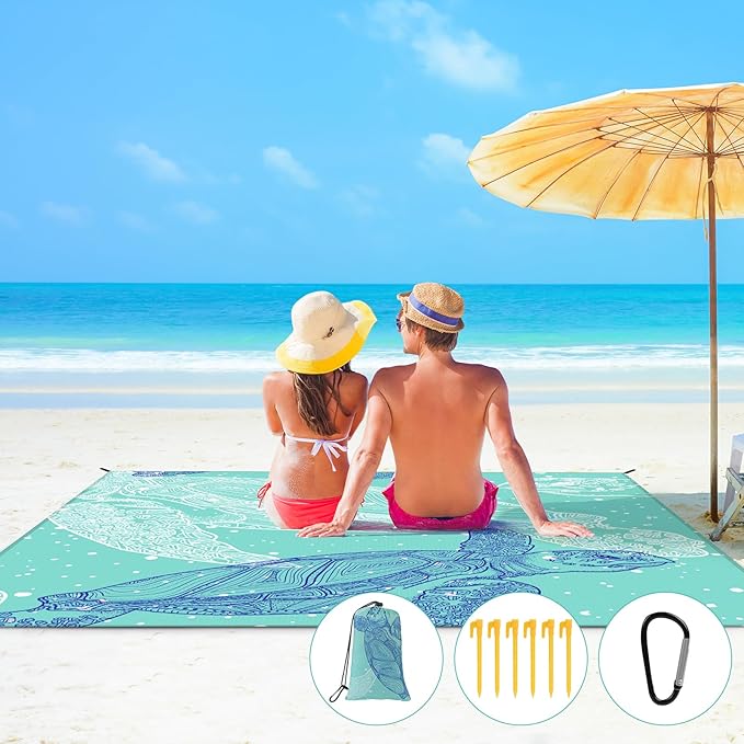Ainiv Beach Blanket, Large Picnic Mat 210 x 200 cm (4-6 People) Foldable, Sandproof Waterproof, Camping Outdoor Blanket with 6 Fixed Nails for Beach, Hiking, Picnic
