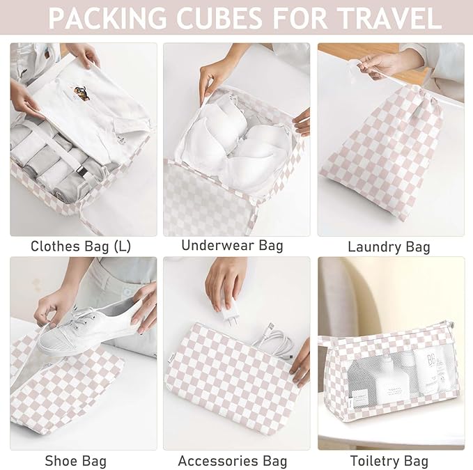 KPX 8 Set Packing Cubes for Travel, Luggage Packing Organizers Accessories Large Toiletries Bag for Clothes Shoes Cosmetics (8Set-Nude Pink Plaid)