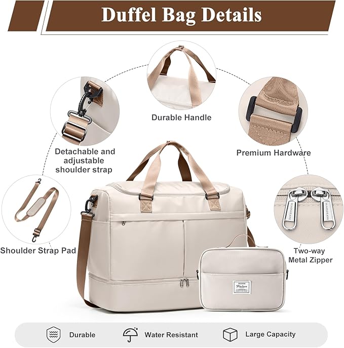 Large Travel Duffel Bag,Weekender Bag for Women with Shoe Compartment & Toiletry Bag, Overnight Carry on Bag for Travel, Gym, Hospital, Business,Beige & Brown