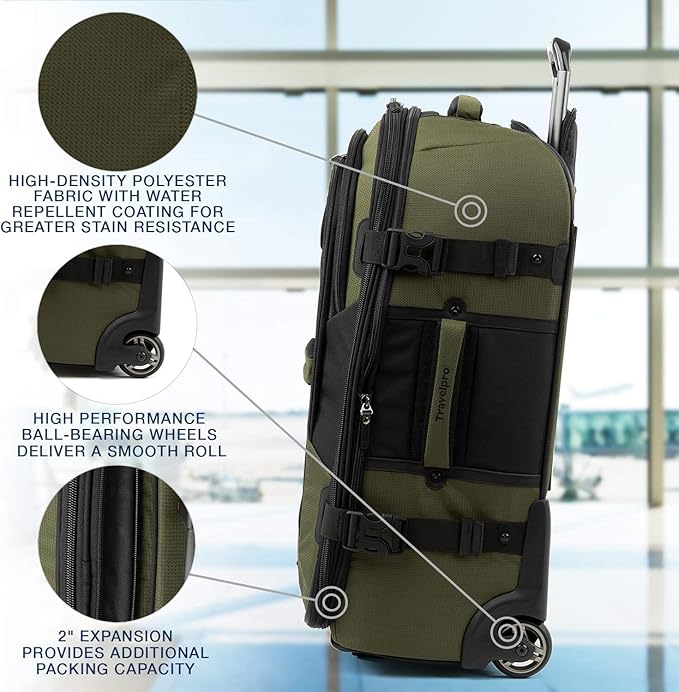 Travelpro Unisex-Adult Bold-Softside Expandable Rollaboard Upright Luggage, Olive/Black, Checked-Medium 25-Inch