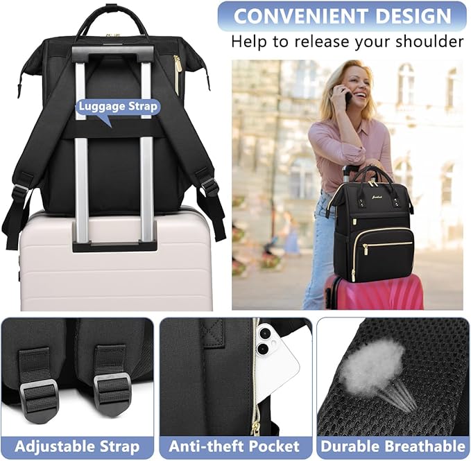 Focdod Backpack for Women 15.6 Inch Laptop Backpack Work Business Backpacks Purse Waterproof Computer College Backpacks Nurse Bag Backbag 2 Sets Casual Daypack for Travel Black