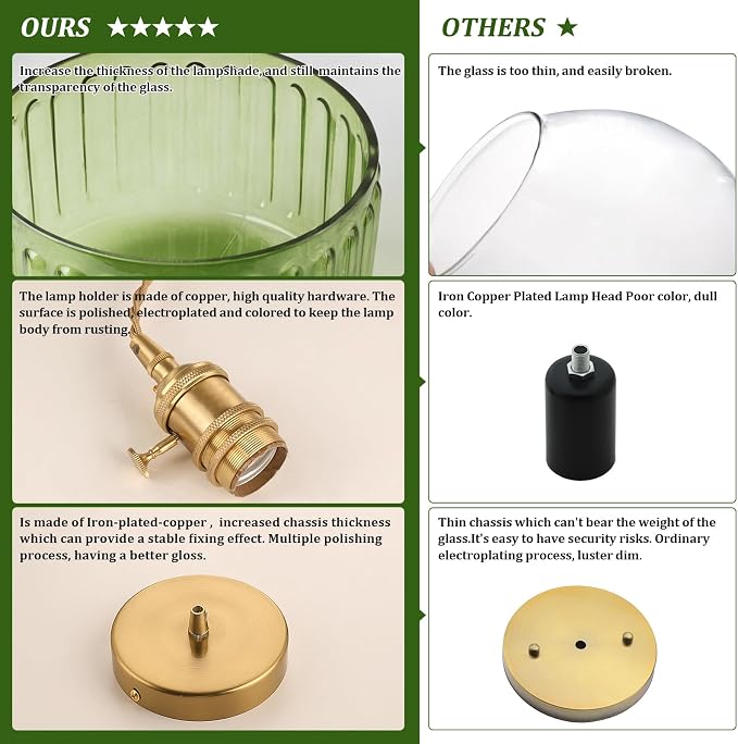 Shenmoyl Pendant Light 2 Pack with Green Striped Glass Lmapshade, Brass Vintage Pendant Light Adjustable Hanging Light for Kitchen Island Dining Room Hallway