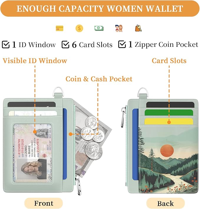 Hancynir Slim Wallet Women Credit Card Holder, Mountain Tree Sunset RFID Blocking Front Pocket Wallet Wristlet Keychain Lanyard Small Cute Thin Travel Zipper Coin PU Leather Card Case Organizer Gifts
