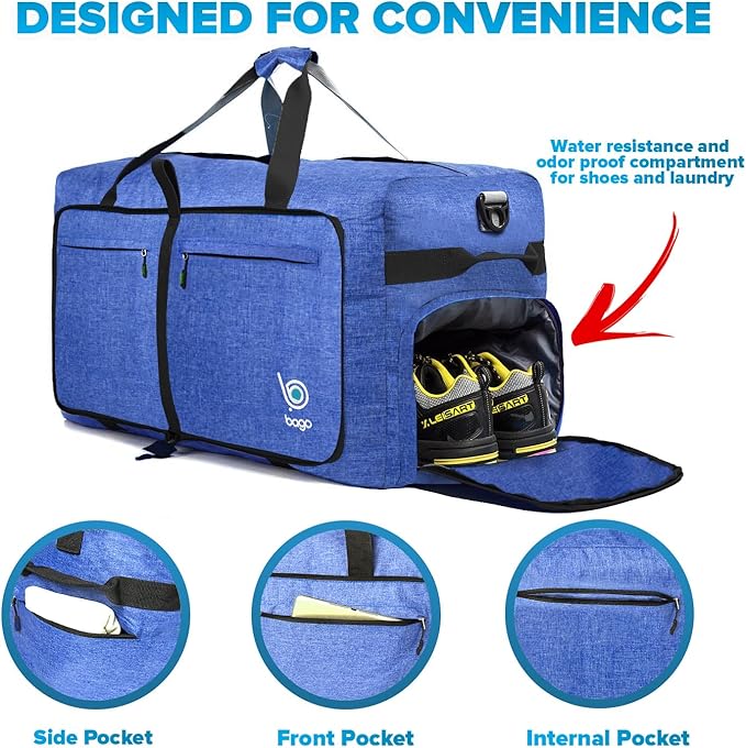 Bago Extra Large Duffle Bag for Travel Women & Men. Durable, Lightweight, Foldable Travel Duffel Bags For Traveling Women. 140L Duffle Bags Use As a Weekender Bag with Shoe Compartment, Checked Duffel