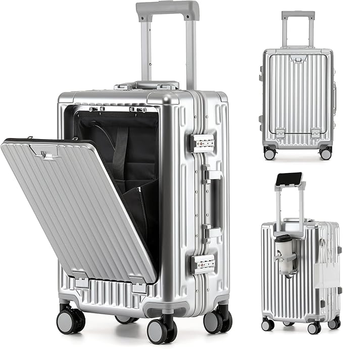 20 Inch Aluminium Frame Carry On Luggage Airline Approved With laptop compartment, Zipperless Hard Shell Travel Suitcase with TSA Approved Cup Holder USB Port Holder for Women Men,Silver