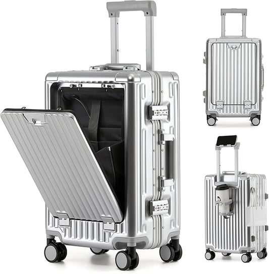 20 Inch Aluminium Frame Carry On Luggage Airline Approved With laptop compartment, Zipperless Hard Shell Travel Suitcase with TSA Approved Cup Holder USB Port Holder for Women Men,Silver