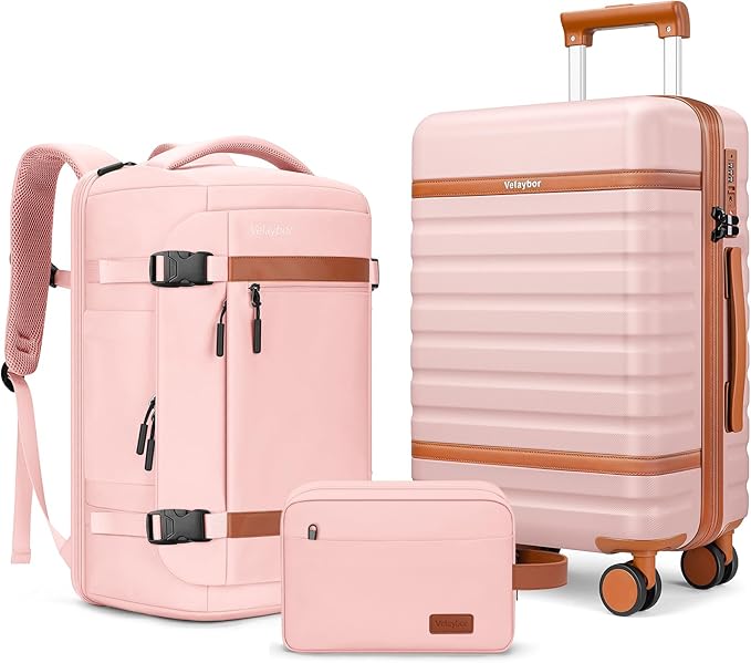 Luggage Sets 3 Piece with Spinner Wheels, Lightweight PC Hardside Suitcase with TSA Lock & YKK Zippers, 20 Inch Carry On Luggage with Travel Bag for Men and Women, Pink