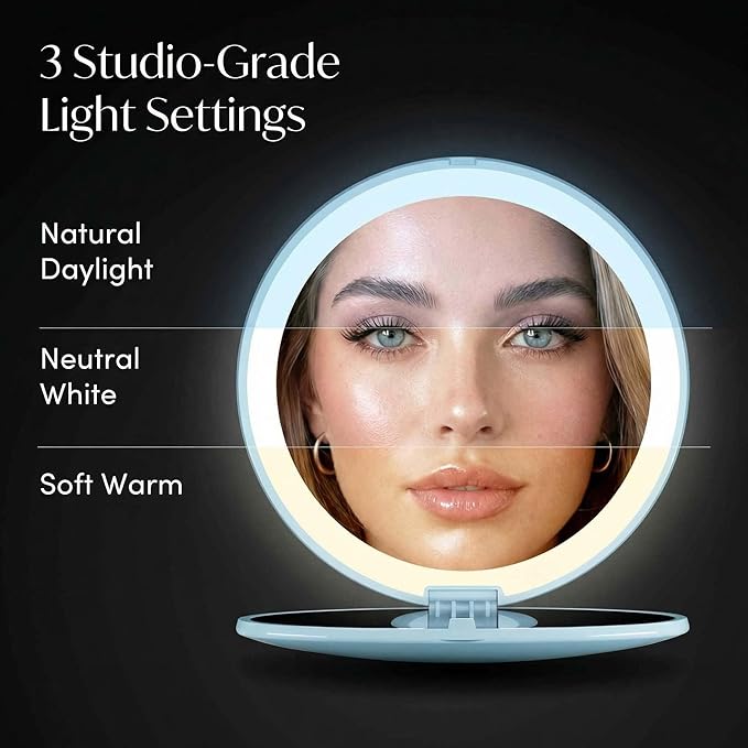 Fancii Taylor Rechargeable Compact Makeup Mirror with LED Lights, 10x /1x Magnifying, 3 Light Settings, Large 5” Wide | Travel Mirror for Purses (Soft Sky)