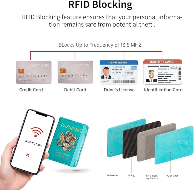Passport Holder and Card Slot Combo RFID Blocking Leather Travel Passport Wallet for Men and Women US Passport Cover, Light Blue