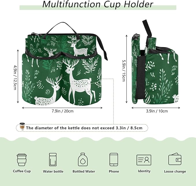 Green Christmas Deers Plants Luggage Cup Holder Travel Portable Free Hand Drink Carrier Suitcase Drinks Beverage Holder Carry-On Bottle Mug Holder Organizer Bag Travelers Accessories